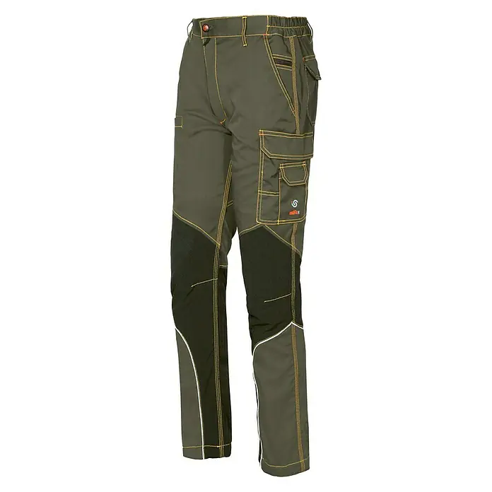 Industrial Starter Pantalones de trabajo Stretch Extreme - XS, Caqui/Negro - Pantalones de trabajo verde oliva con rodillas reforzadas y costuras amarillas. Ideal para profesionales y oficios.