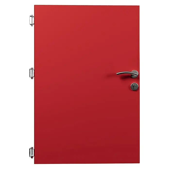 Gabio Zauntor Voll - 4,2 x 135 cm, Stahl, Rubinrot - Eine rote Tür mit silbernen Beschlägen, inklusive Türgriff und Schloss, die einen modernen und funktionalen Stil ausstrahlt.