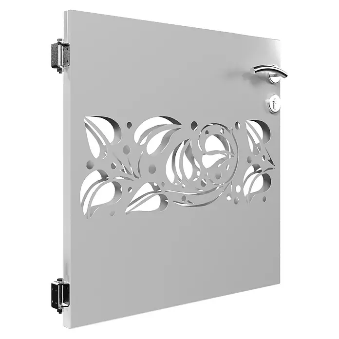 Gabio Zauntor Efeu - 4,2 x 90 cm, Stahl, Hellgrau - Nahaufnahme eines stilvollen, dekorativen Metalltors mit filigranen Blättermustern, Griff und Schloss. Ideal für Haus & Garten Design.