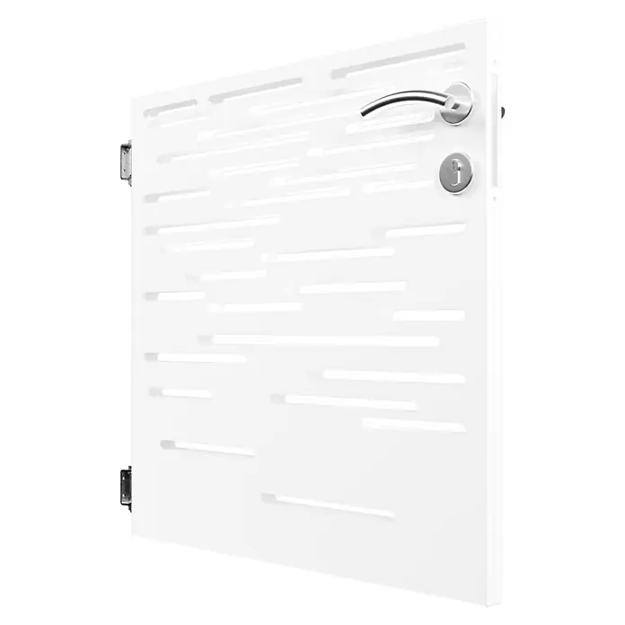 Gabio Zauntor Lines - 4,2 x 90 cm, Stahl, Weiß - Eine moderne weiße Tür mit horizontalen Schlitzen und einem eleganten Türgriff. Das Design ist minimalistisch und ansprechend.
