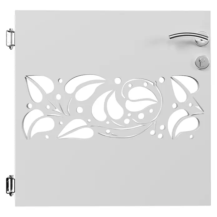 Gabio Zauntor Efeu - 4,2 x 90 cm, Stahl, Weiß - Diese weiße Tür verfügt über ein florales Ausschnittmuster, einen Griff und einen Schließzylinder. Ideal für einen stilvollen Eingangsbereich.