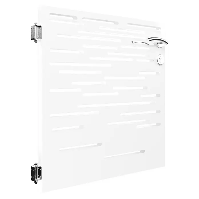 Gabio Zauntor Lines - 4,2 x 90 cm, Stahl, Weiß - Ein modernes, weißes Türgitter mit horizontalen Schlitzen und einem Griff zum Öffnen und Schließen für mehr Sicherheit.