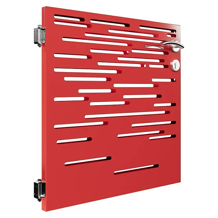 Gabio Zauntor Lines4,2 x 90 cm, Stahl, Rubinrot - Rote Tür mit horizontalen Schlitzen, silbernem Griff und Schloss. Ideal für modernes Design und erhöhte Sicherheit.