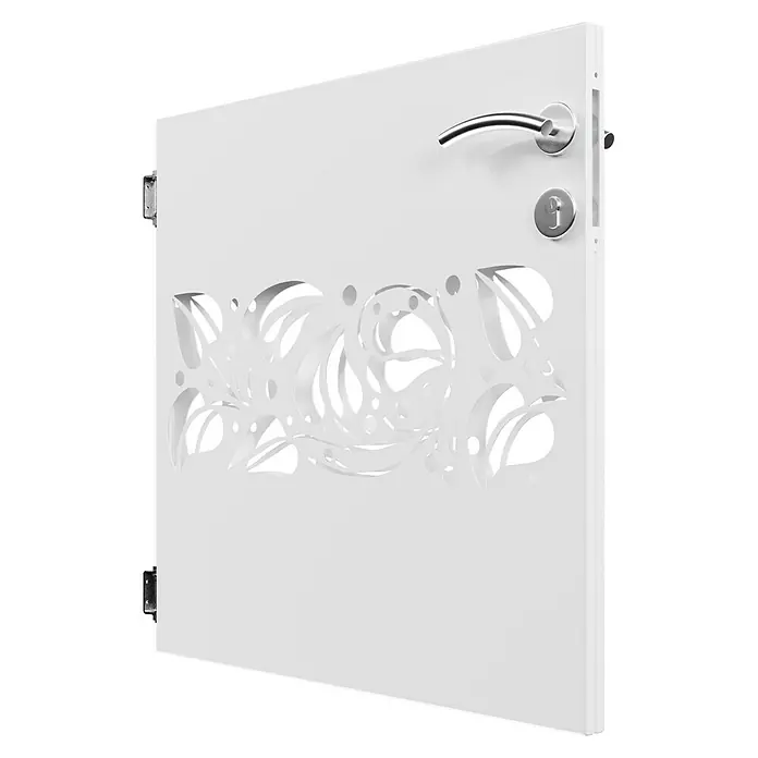 Gabio Zauntor Efeu - 4,2 x 90 cm, Stahl, Weiß - Weiße Tür mit einem verzierten Design und Chrombeschlägen. Eine elegante Tür für ein modernes Interieur mit floralen Elementen.