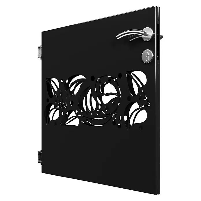 Gabio Zauntor Efeu - 4,2 x 90 cm, Stahl, Anthrazit - Elegante schwarze Tür mit filigranem Blätter- und Punktmuster, ergänzt durch einen modernen Türgriff und ein Schloss.
