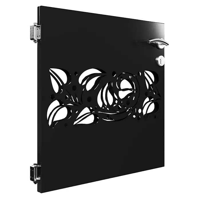 Gabio Zauntor Efeu - 4,2 x 90 cm, Stahl, Anthrazit - Schwarze Tür mit einem floralen Muster. Sie verfügt über einen Griff und ein Schloss. Die Tür wird durch zwei Scharniere gehalten.