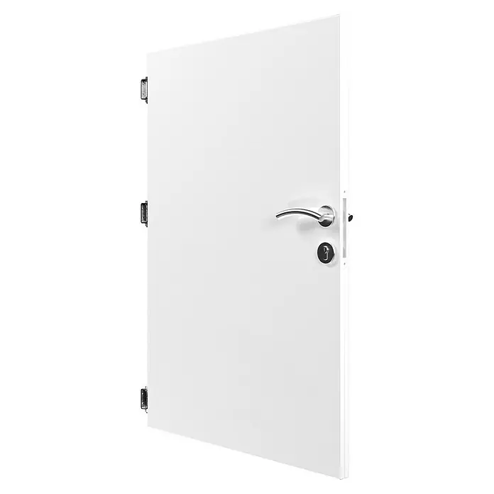 Gabio Zauntor Voll - 4,2 x 135 cm, Stahl, Weiß - Nahaufnahme einer weißen Tür mit silbernem Griff und Schloss, die eine elegante und moderne Ästhetik vermittelt.