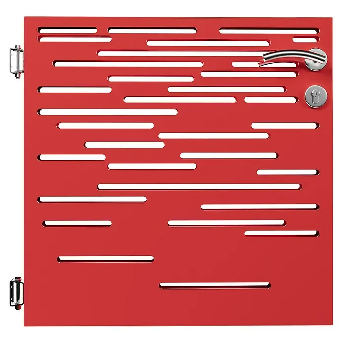 Gabio Zauntor Lines - 4,2 x 90 cm, Stahl, Rubinrot - Rote Tür mit horizontalen Schlitzen, einem silbernen Griff und Scharnieren. Modernes Design für Innenräume oder als Akzent.