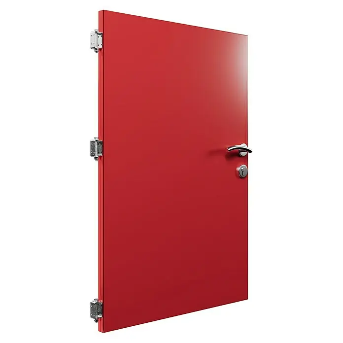Gabio Zauntor Voll - 4,2 x 135 cm, Stahl, Rubinrot - Nahaufnahme einer feuerroten Tür mit silbernem Griff und Beschlägen, die Sicherheit und Stil vereint. Ideale Lösung für Gebäude aller Art.