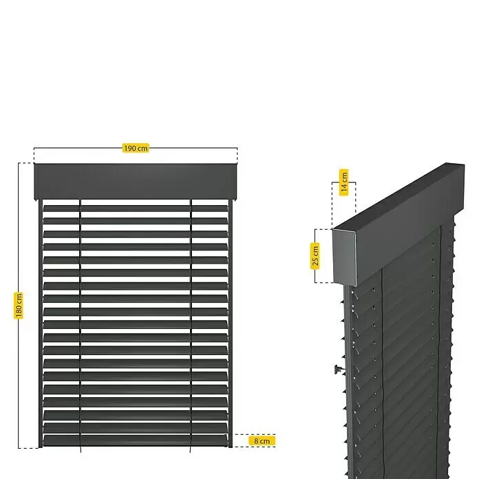 Schellenberg Raffstore Express - 190 x 180 cm - Graue Jalousien: 190 cm Breite, 180 cm Höhe, 14 cm Kopfschiene Tiefe.