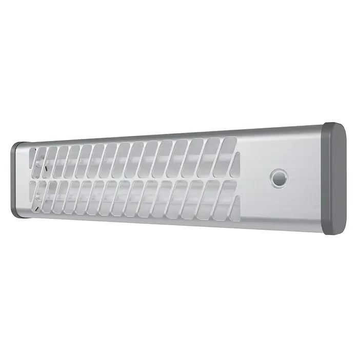 Voltomat HEATING Quarzheizstrahler - 14 x 60 x 13 cm, 1.200 W, Chrom - Das Bild zeigt ein Insektenvernichtergerät mit einem Gitter und einer Lampe im Inneren, das Insekten anlockt und vernichtet.