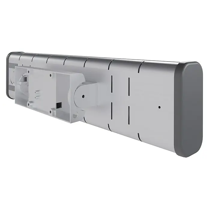 Voltomat HEATING Quarzheizstrahler - 14 x 60 x 13 cm, 1.200 W, Chrom - Nahaufnahme einer weißen Smart-Heizung mit grauem Rand und Schlitzen zur Wärmeableitung. Die Heizung ist zur Wandmontage vorgesehen.