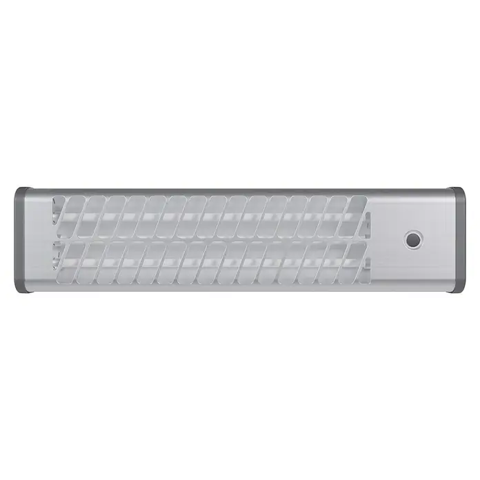 Voltomat HEATING Quarzheizstrahler - 14 x 60 x 13 cm, 1.200 W, Chrom - Silbernes Gehäuse mit Lüftungsschlitzen für optimale Kühlung und einem Loch für einfache Installation.