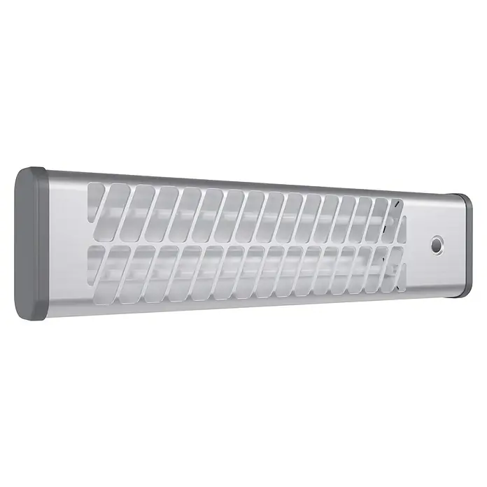 Voltomat HEATING Quarzheizstrahler - 14 x 60 x 13 cm, 1.200 W, Chrom - Nahaufnahme eines silbernen Heizstrahlers mit einem Gittermuster, das ein modernes und effizientes Heizdesign zeigt.