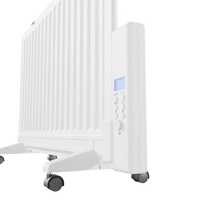 Voltomat HEATING Ölradiator - 800 W, Raumgröße bis ca. 8 m², Weiß - Weißer tragbarer Ölradiator mit digitalem Bedienfeld und Rollen.