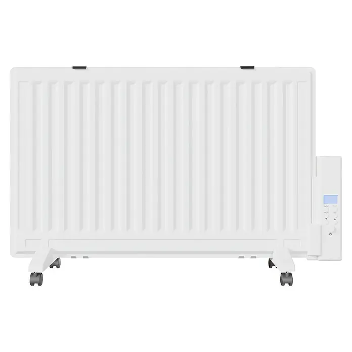 Voltomat HEATING Ölradiator - 800 W, Raumgröße bis ca. 8 m², Weiß - Abbildung eines weißen elektrischen Heizkörpers mit Bedienfeld und Rädern.