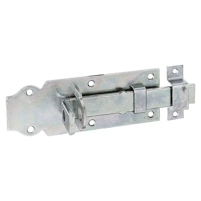 Stabilit Pestillo deslizante - 140 x 56 mm - Un cerrojo brillante de color plateado con agujeros para el montaje. Está hecho de metal y se utiliza para asegurar puertas o portones.