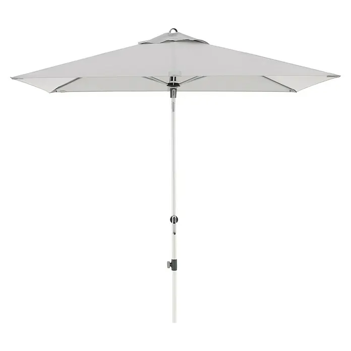 Doppler Expert Marktschirm Auto Tilt - Hellgrau, Bespannungsmaß (L x B): 140 x 220 cm - Ein schattenspendender, quadratischer, grauer Sonnenschirm für den Außenbereich mit einem robusten, weißen Gestell.