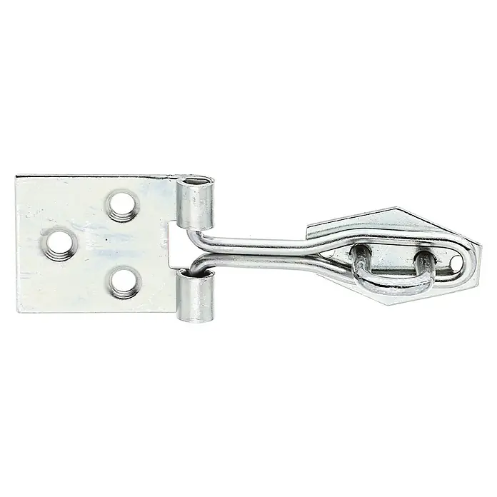 Stabilit Pestillo con alambre - An x Al: 80 x 26 mm, Apto para: Candados con un diámetro de vástago de hasta 7 mm - Un pestillo de seguridad plateado con una placa con tres orificios para tornillos y un gancho adjunto para asegurar una puerta.