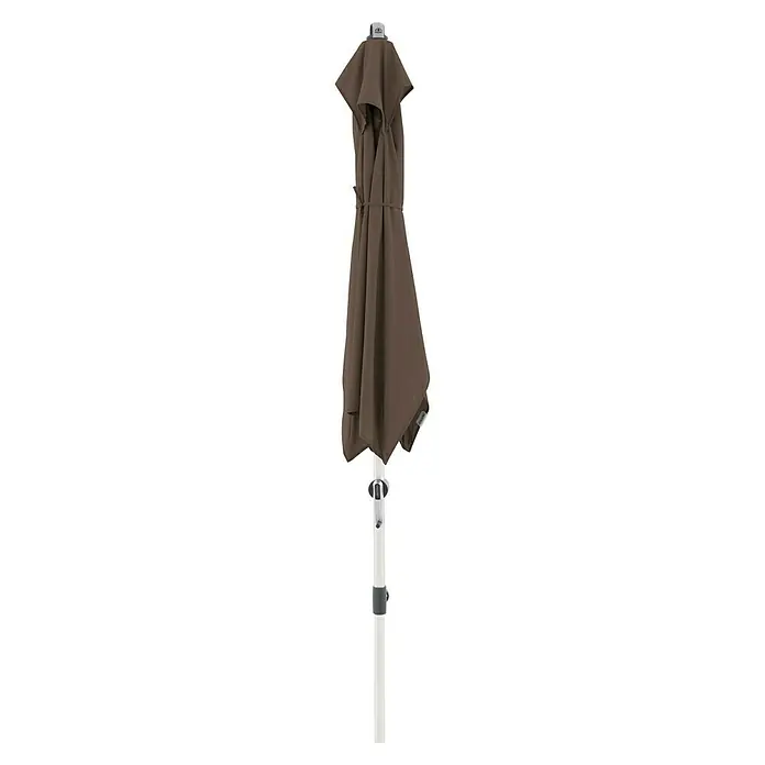 Doppler Expert Marktschirm Auto Tilt - Greige, Bespannungsmaß (L x B): 140 x 220 cm - Geschlossener brauner Sonnenschirm mit weißem Gestell. Ideal für den Außenbereich und zum Schutz vor der Sonne.