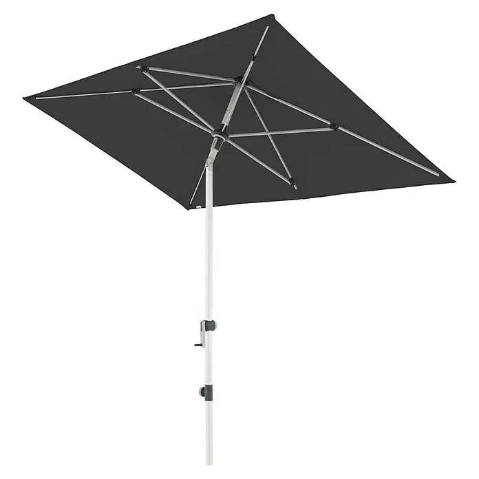 Doppler Expert Marktschirm Auto Tilt - Anthrazit, Bespannungsmaß (L x B): 140 x 220 cm - Ein quadratischer, anthrazitfarbener Sonnenschirm mit silbernem Gestell, der Schatten spendet. Er ist verstellbar und bietet flexiblen Sonnenschutz im Freien.
