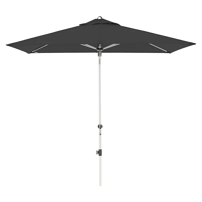 Doppler Expert Marktschirm Auto Tilt - Anthrazit, Bespannungsmaß (L x B): 140 x 220 cm - Hier ist ein rechteckiger Sonnenschirm in dunkler Farbe mit einem stabilen, weißen Metallrahmen. Ideal für sonnige Tage im Freien!