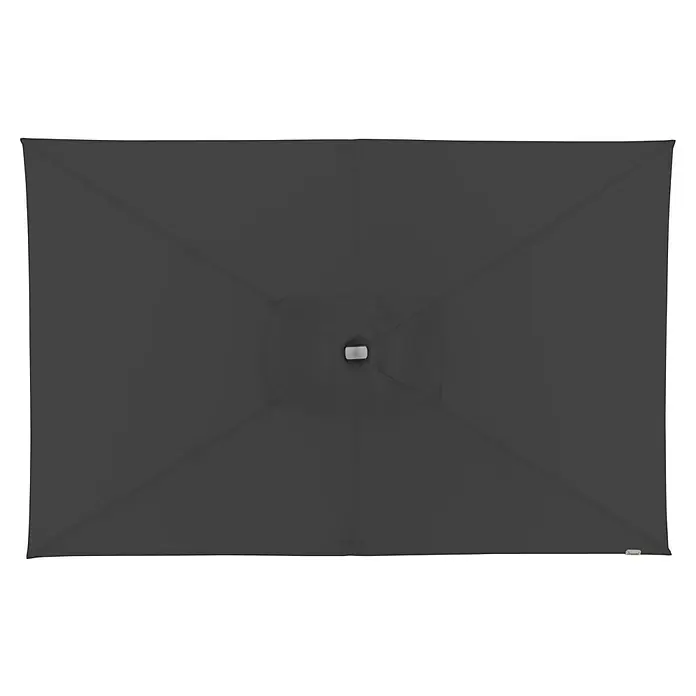 Doppler Expert Marktschirm Auto Tilt - Anthrazit, Bespannungsmaß (L x B): 140 x 220 cm - Nahaufnahme eines rechteckigen, anthrazitfarbenen Sonnenschirms mit quadratischem Muster und einer Öffnung in der Mitte.