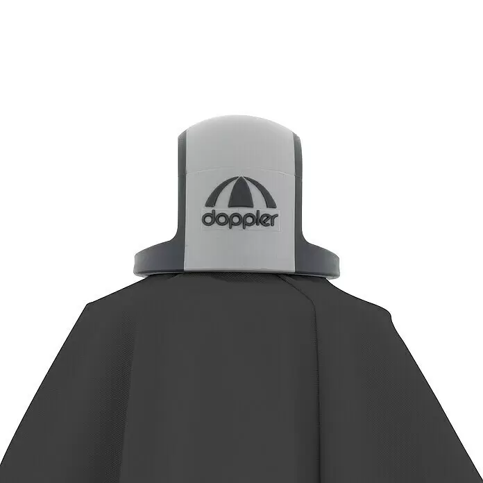 Doppler Expert Marktschirm Auto Tilt - Anthrazit, Bespannungsmaß (L x B): 140 x 220 cm - Dunkelgrauer Schirm mit hellgrau-dunkelgrauem Doppler-Logo am Griffende.