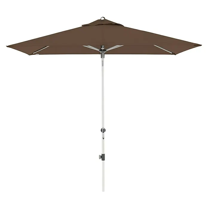 Doppler Expert Marktschirm Auto Tilt - Greige, Bespannungsmaß (L x B): 140 x 220 cm - Ein brauner Gartenschirm mit einem robusten, weißen Metallständer, ideal für sonnige Tage im Freien. Perfekter Schattenspender!