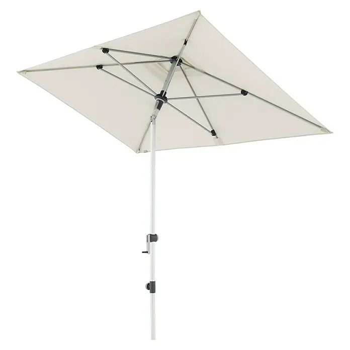 Doppler Expert Marktschirm Auto Tilt - Natur, Bespannungsmaß (L x B): 140 x 220 cm - Abgebildeter rechteckiger Sonnenschirm mit weißem Stoffbezug und silberfarbenem Gestell, ideal für den Einsatz im Garten oder auf der Terrasse.