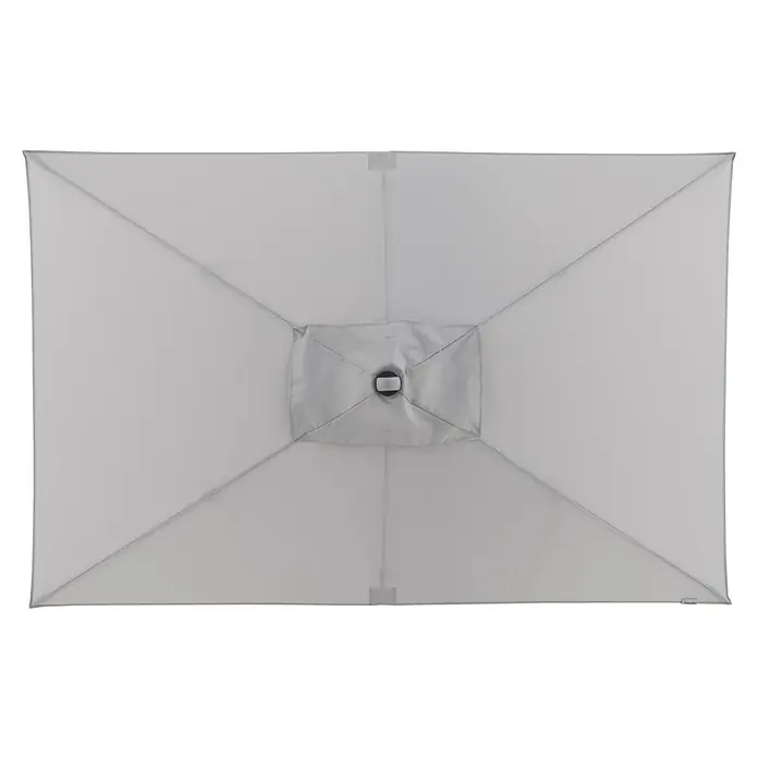 Doppler Expert Marktschirm Auto Tilt - Hellgrau, Bespannungsmaß (L x B): 140 x 220 cm - Nahaufnahme eines rechteckigen Sonnenschirms, der eine robuste Konstruktion und schlichte Eleganz zeigt. Ideal für den Außenbereich.