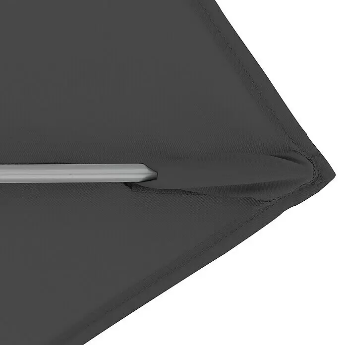 Doppler Expert Marktschirm Auto Tilt - Anthrazit, Bespannungsmaß (L x B): 140 x 220 cm - Nahaufnahme eines dunkelgrauen Sonnenschirmstoffs mit einer silbernen Metallstange in einer Stoffhülse.