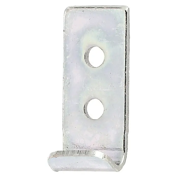 Alberts Schließhaken - L x B: 30 x 12 mm - Nahaufnahme einer silberfarbenen Metallaufhängung mit zwei Löchern und einem hervorstehenden Haken zur Befestigung an Wänden.