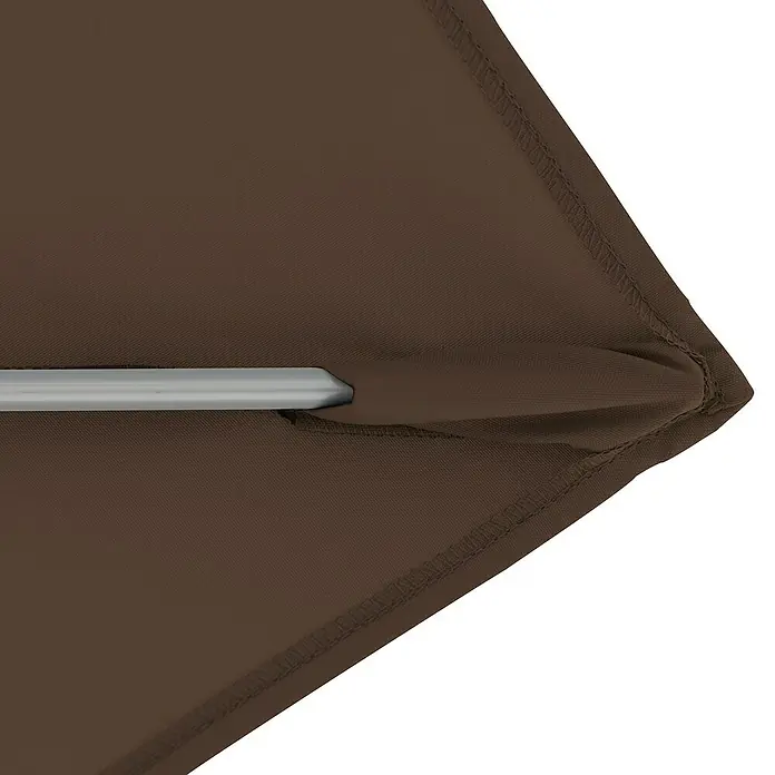 Doppler Expert Marktschirm Auto Tilt - Greige, Bespannungsmaß (L x B): 140 x 220 cm - Detailaufnahme eines braunen Sonnenschirms mit silberner Stange, das hochwertige Material und die Verarbeitung betonend.