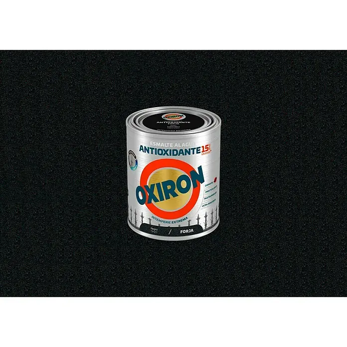 Oxiron Esmalte para metal Antioxidante Eco Forja - Negro, 750 ml - Imagen de una lata de pintura Oxiron, un esmalte antioxidante de alta calidad para uso exterior, ideal para condiciones climáticas extremas.