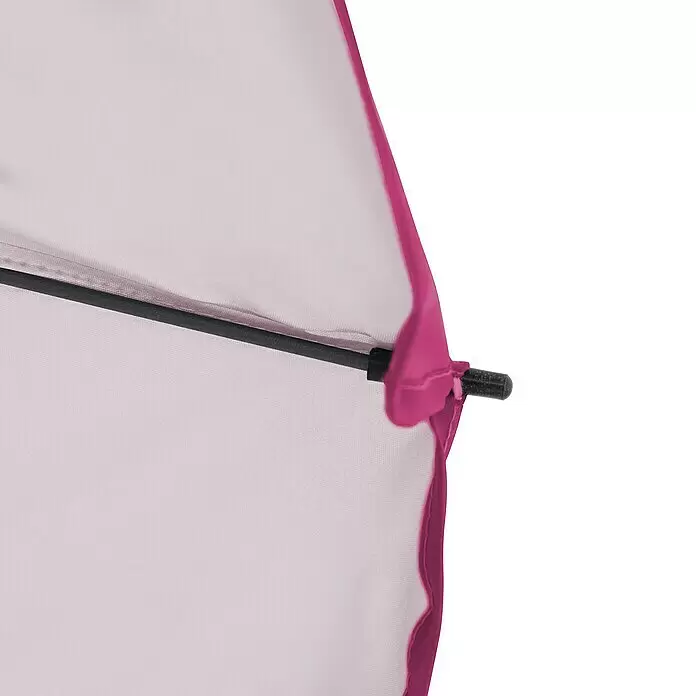 Derby Strandschirm Como - Pink, Durchmesser Bespannung: 165 cm - Nahaufnahme des hellrosa Schirmstoffs mit pinkem Rand und schwarzer Strebe.