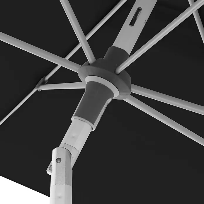 Doppler Expert Marktschirm Auto Tilt - Schwarz, Bespannungsmaß (L x B): 140 x 220 cm - Nahaufnahme eines stilvollen, grauen Gartenschirms mit robustem Gestell und dunklem Schirmdach für den Außenbereich.