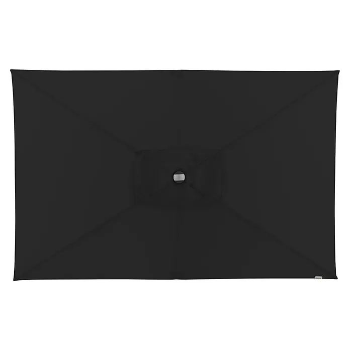 Doppler Expert Marktschirm Auto Tilt - Schwarz, Bespannungsmaß (L x B): 140 x 220 cm - Nahaufnahme eines quadratischen, schwarzen Sonnenschirms, ideal für den Außenbereich, mit einer Öffnung in der Mitte für den Ständer.