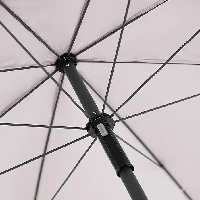 Derby Strandschirm Como - Pink, Durchmesser Bespannung: 165 cm - Unterseite eines geöffneten Regenschirms mit hellrosa Stoff, schwarzer Mittelstange und Speichen mit grauem Auslöseknopf.
