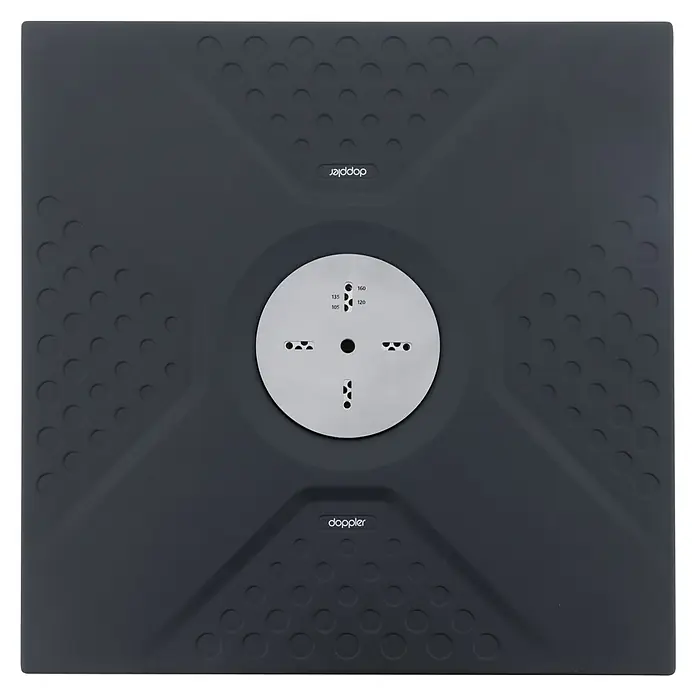 Doppler Active Schirmständer Easy Push Rollsockel - 26 kg, 88 x 88 cm, Passend für: Pendelschirme - Ein quadratischer, grauer Doppler-Plattenspieler mit runden Aussparungen und einem zentralen, silbernen Drehteller.