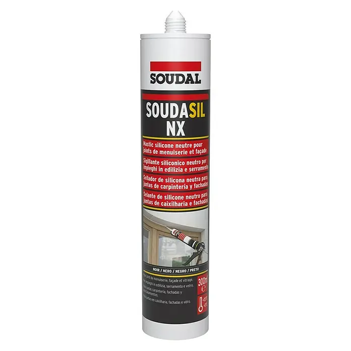 Soudal Silicona universal Soudasil NX - Negro, 300 ml - Imagen de un cartucho de Soudal Soudasil NX, una silicona neutra para construcciones de madera, fachadas y vidrios.
