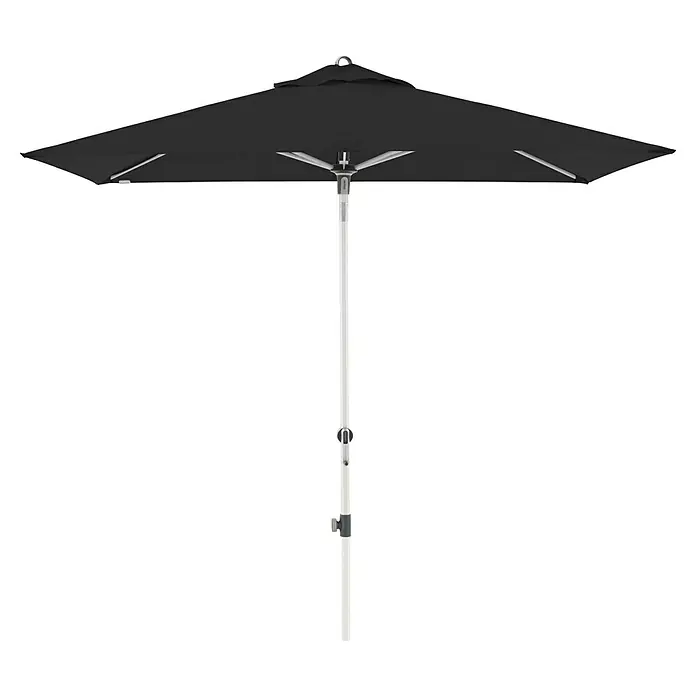 Doppler Expert Marktschirm Auto Tilt - Schwarz, Bespannungsmaß (L x B): 140 x 220 cm - Bild eines schwarzen Sonnenschirms mit weißem Gestell, der Schatten spendet und vor Sonne schützt. Ideal für Garten und Terrasse.