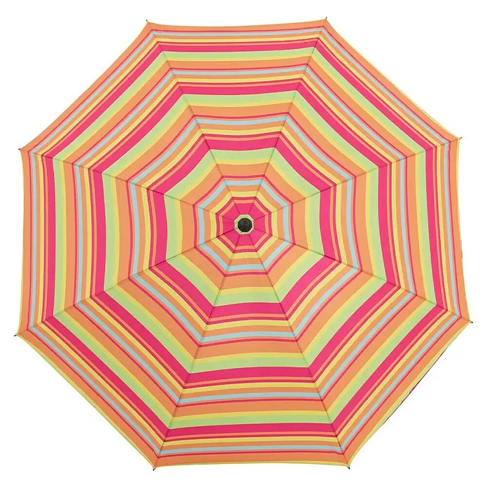 Derby Strandschirm Como - Bunt gestreift, Durchmesser Bespannung: 165 cm - Ansicht von oben auf einen farbenfrohen Sonnenschirm mit Streifen in Pink, Orange, Gelb, Grün und Blau, ideal für sonnige Tage im Freien.