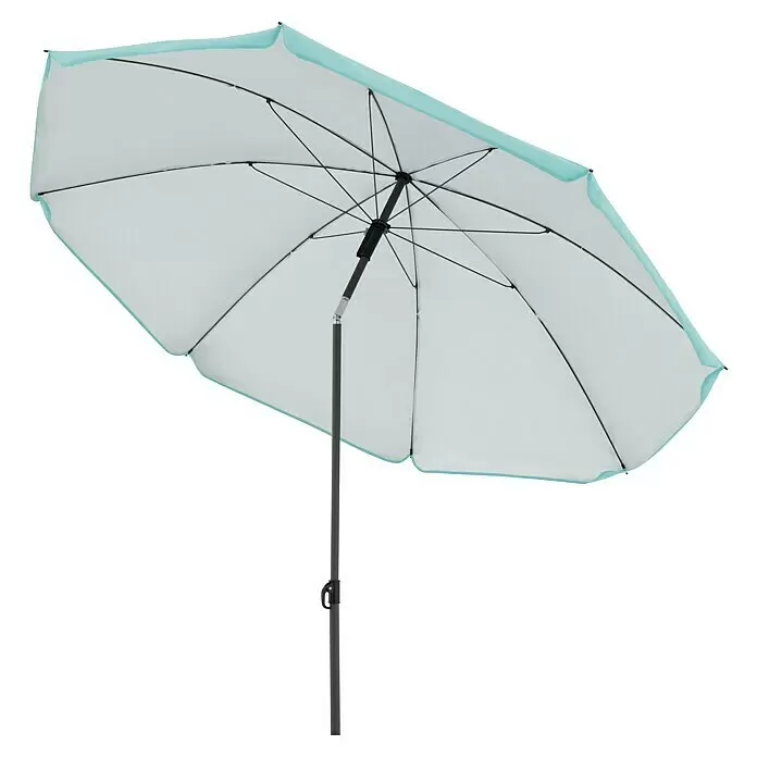 Derby Strandschirm Como - Hellblau, Durchmesser Bespannung: 165 cm - Offener Sonnenschirm mit hellblauem Rand und weißer Unterseite, dunklem Mast und silbernem Gelenk.