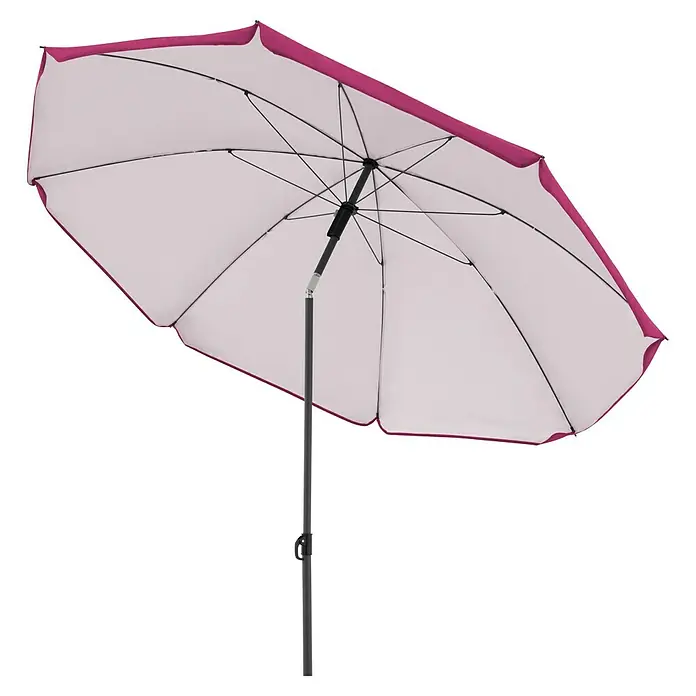 Derby Strandschirm Como - Pink, Durchmesser Bespannung: 165 cm - Diese Aufnahme zeigt einen stilvollen Sonnenschirm mit einem magenta farbigen Rand, der einen Hauch von Eleganz in jeden Außenbereich bringt.
