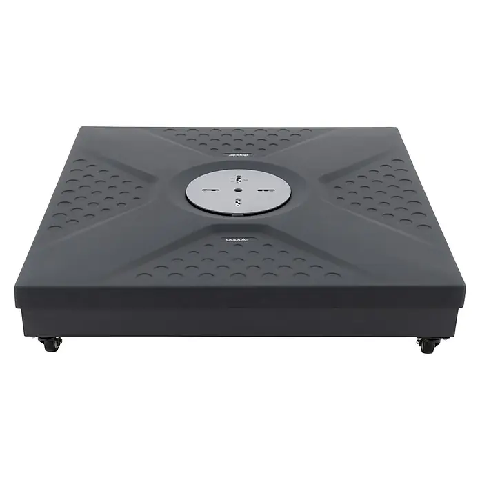 Doppler Active Schirmständer Easy Push Rollsockel - 26 kg, 88 x 88 cm, Passend für: Pendelschirme - Doppler-Gerät auf Rädern, ein robustes, graues Medizingerät mit zentraler Bedienfläche und Belüftungslöchern.