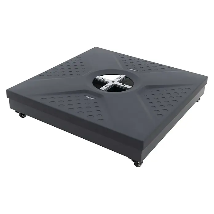 Doppler Active Schirmständer Easy Push Rollsockel - 26 kg, 88 x 88 cm, Passend für: Pendelschirme - Graue Doppler-Tanzfläche mit einem X in der Mitte und Rollen an der Unterseite.