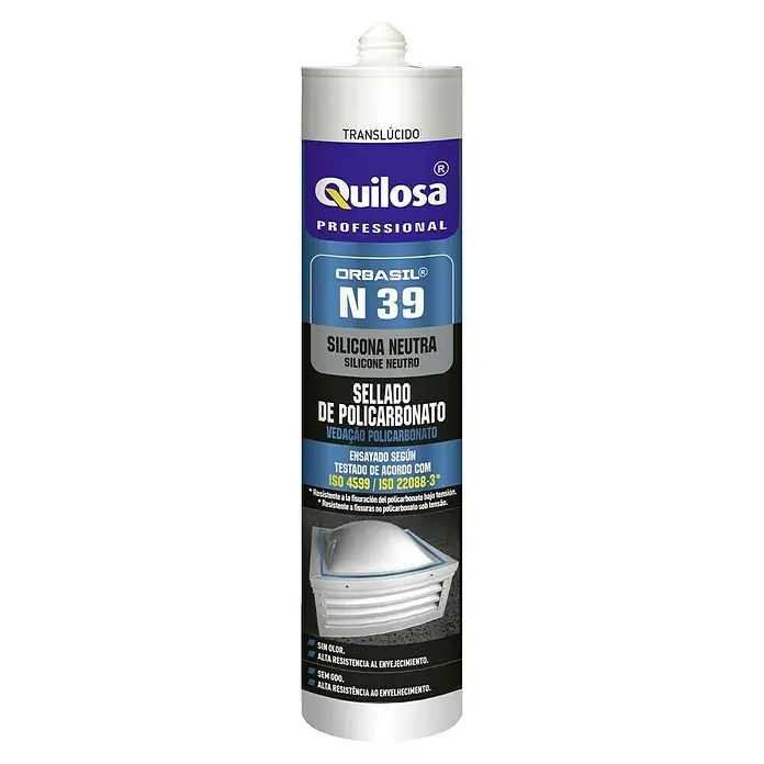 Quilosa Silicona Orbasil N 39 Policarbonato - Translúcido, 300 ml - Sellador de silicona Quilosa Orbasil N 39 para sellado de policarbonato. Alta resistencia al envejecimiento y fisuración por tensión.