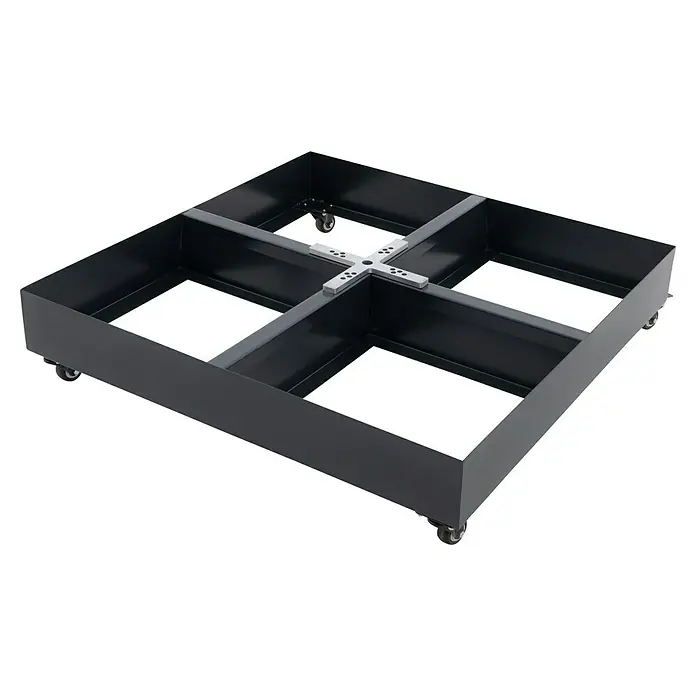 Doppler Active Schirmständer Easy Push Rollsockel - 26 kg, 88 x 88 cm, Passend für: Pendelschirme - Produktansicht eines schwarzen, quadratischen Rollgestells mit einer silbernen Kreuzstrebe, ideal für den mobilen Einsatz schwerer Gegenstände.
