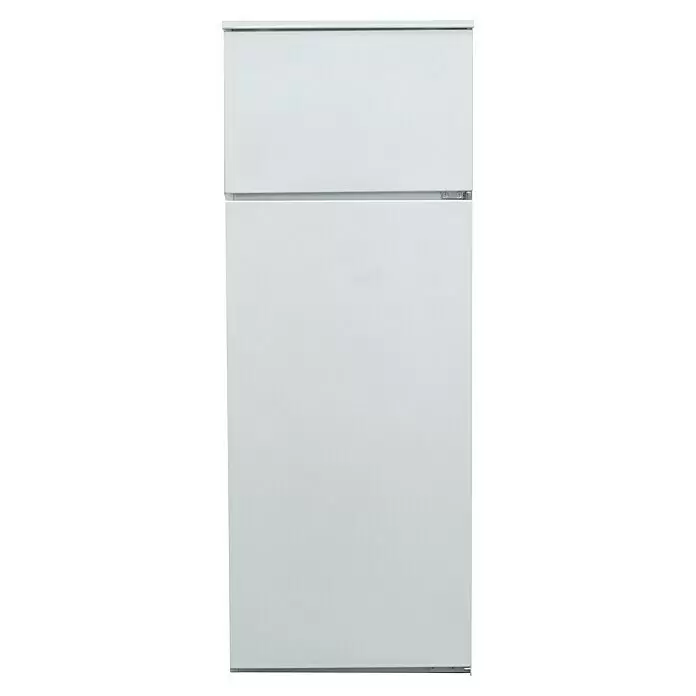 Respekta Premium Cocina esquinera Amanda - An x Pr: 290 x 200 cm, Blanco/Negro, Con electrodomésticos - Nevera blanca de dos puertas con congelador superior.